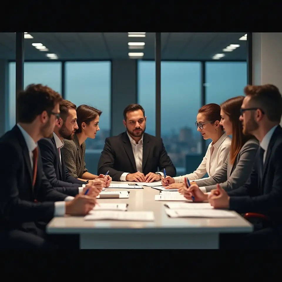 Equipa de analistas numa reunião profissional
